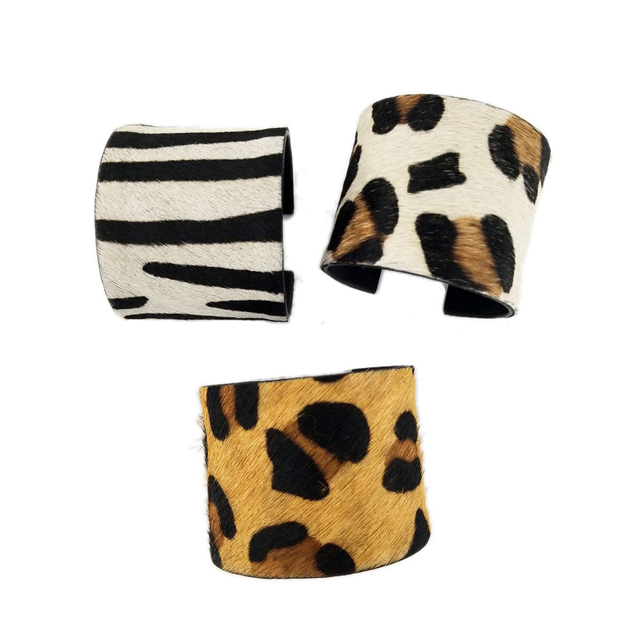 Wide Cowhide Leopard and Zebra Print Cuff Bracelets