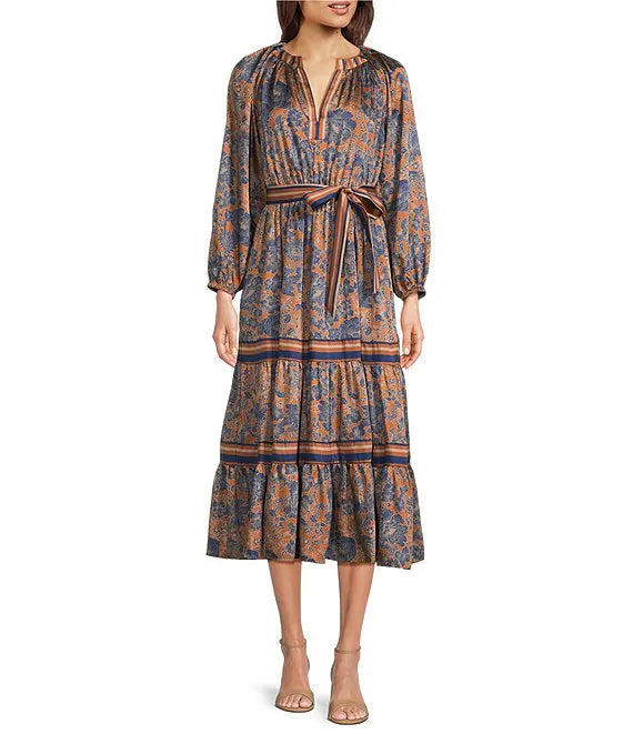 Split V-Neck Long Sleeve A-Line Floral Print Maxi Dress