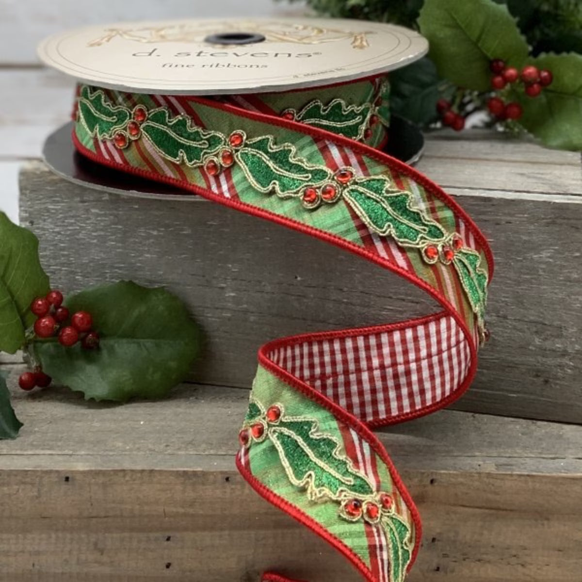 North Pole diagonal plaid red check back holly side trim, green-pink Ribbom