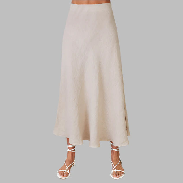 Linen Midi Skirt-Beige