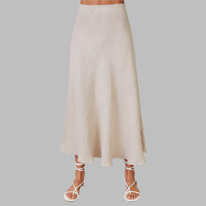 Linen Midi Skirt-Beige