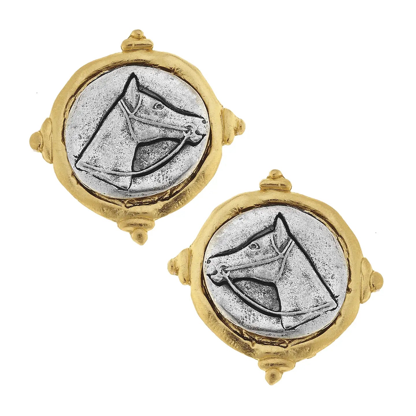 Gold and Silver Intaglio Horse Pierced Earrings