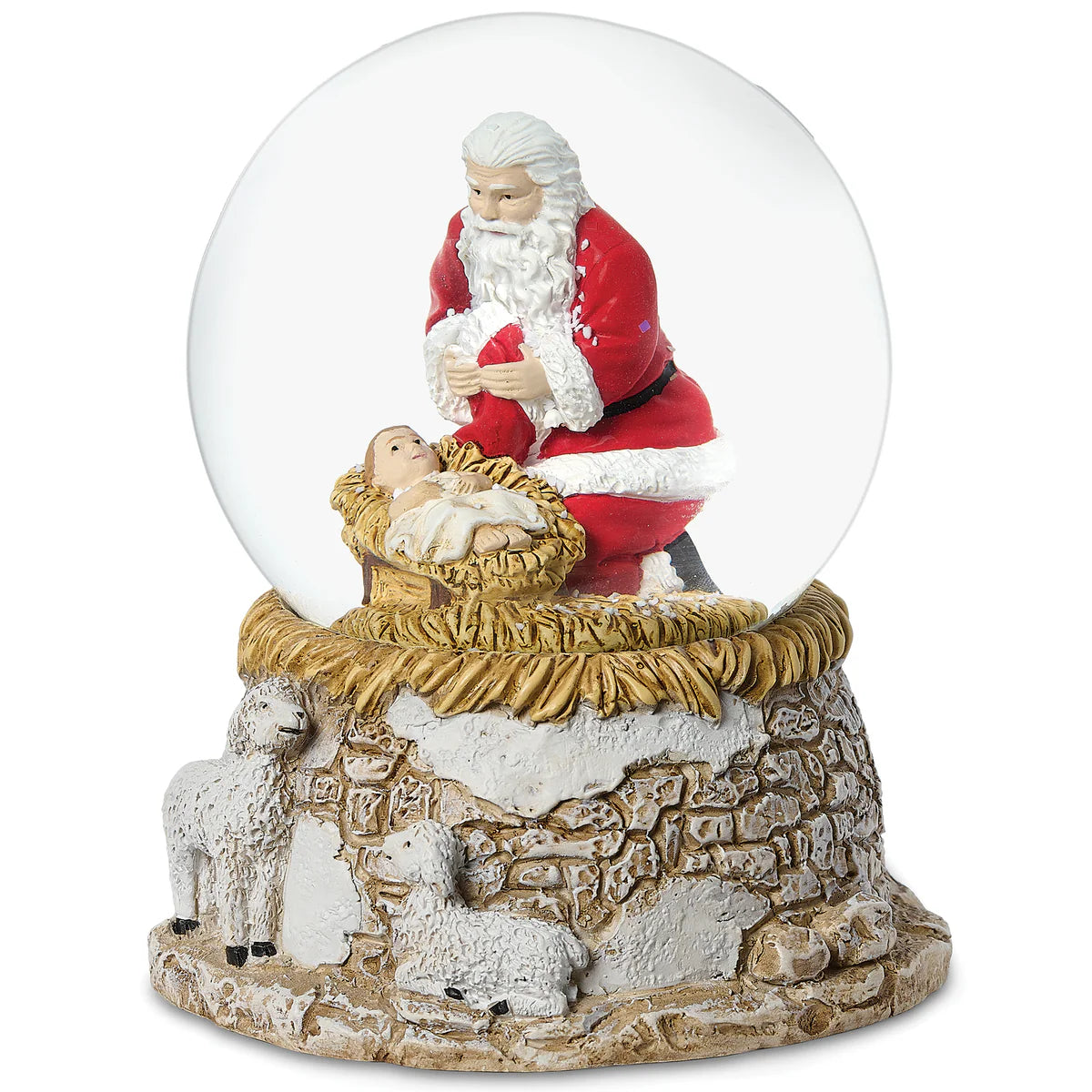 Glitterdome Kneeling Santa with Sheep on Base