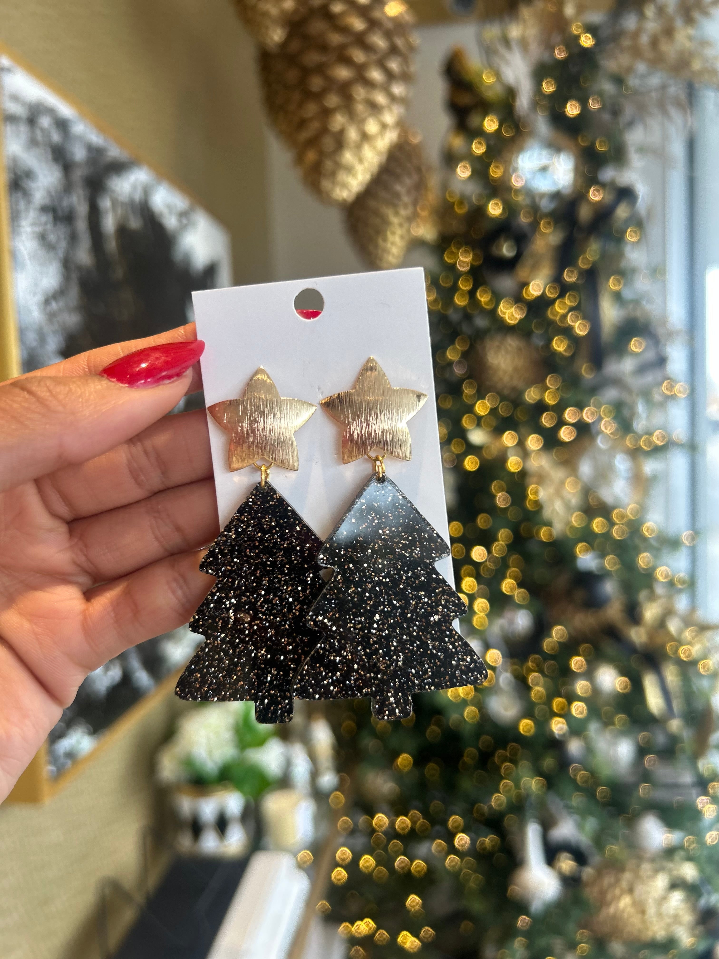 Black and Gold Sparkle Christmas tree Earrings