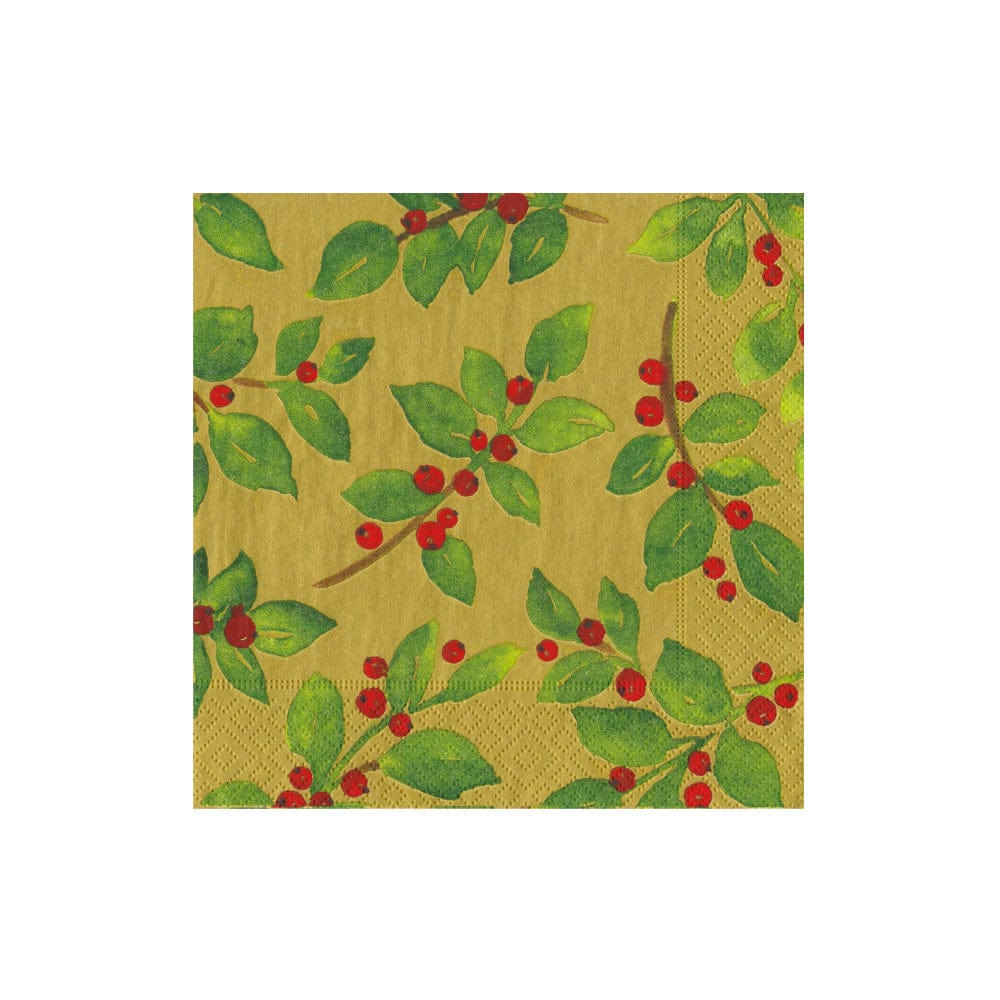 Painted Holly Gold Recycled Cocktail Napkins - includes 20 Cocktail Napkins
