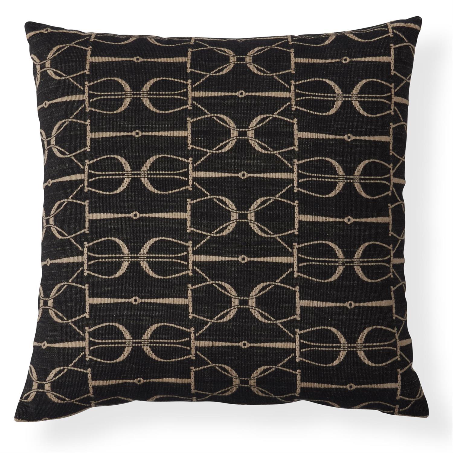 20 Inch Black & Beige Cotton Horse Bit Square Pillow