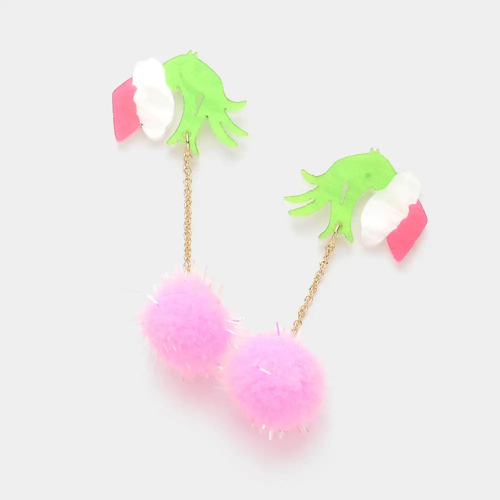 Glittered Resin Grinch Hand Pom Pom Dropdown Earrings