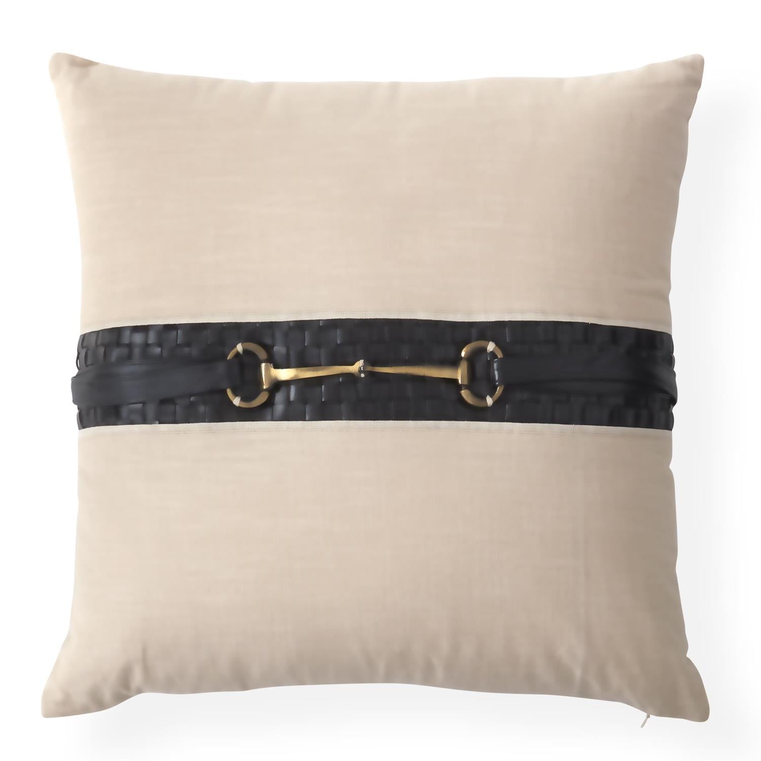 20 Inch Handcrafted Beige Cotton Vegan Leather Bit Pillow