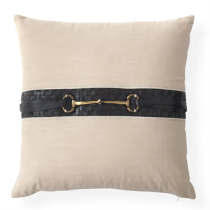20 Inch Handcrafted Beige Cotton Vegan Leather Bit Pillow
