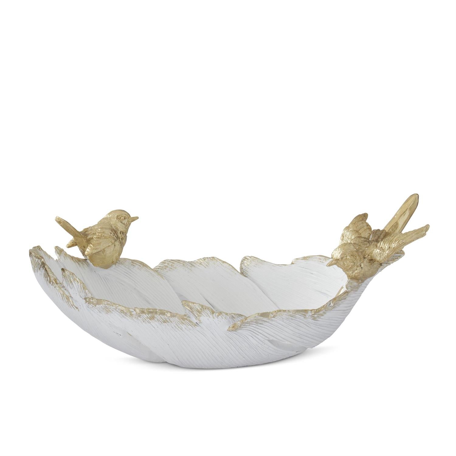 11.75 Inch Resin White & Gold Feather Dish w/Birds