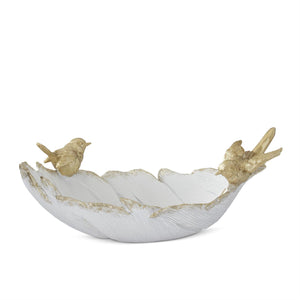 11.75 Inch Resin White & Gold Feather Dish w/Birds