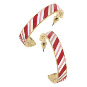 Candy Cane Lane Enamel Hoop Earrings in Red & Pink Stripes