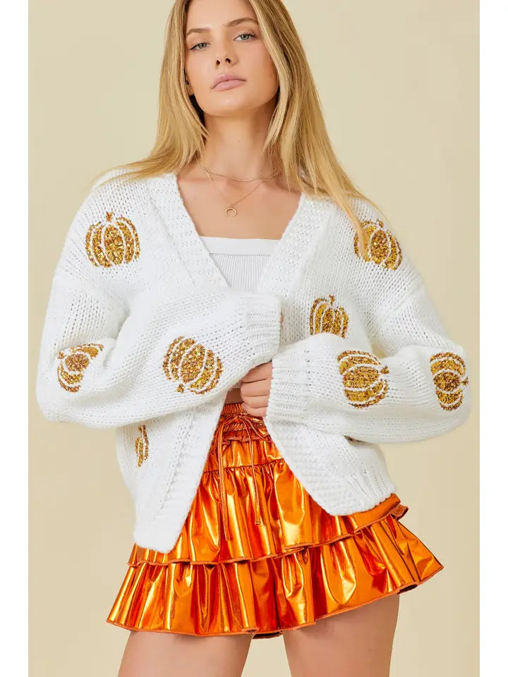 Sweater Cardigan with Embroidered Sequin Pumpkin