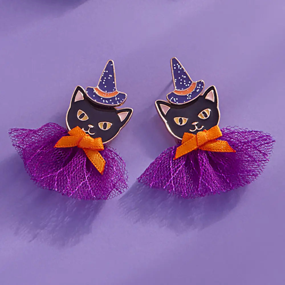 Halloween Black Cat with Bow Earrings