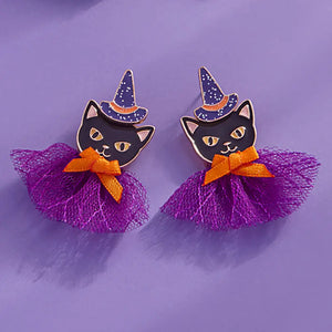 Halloween Black Cat with Bow Earrings