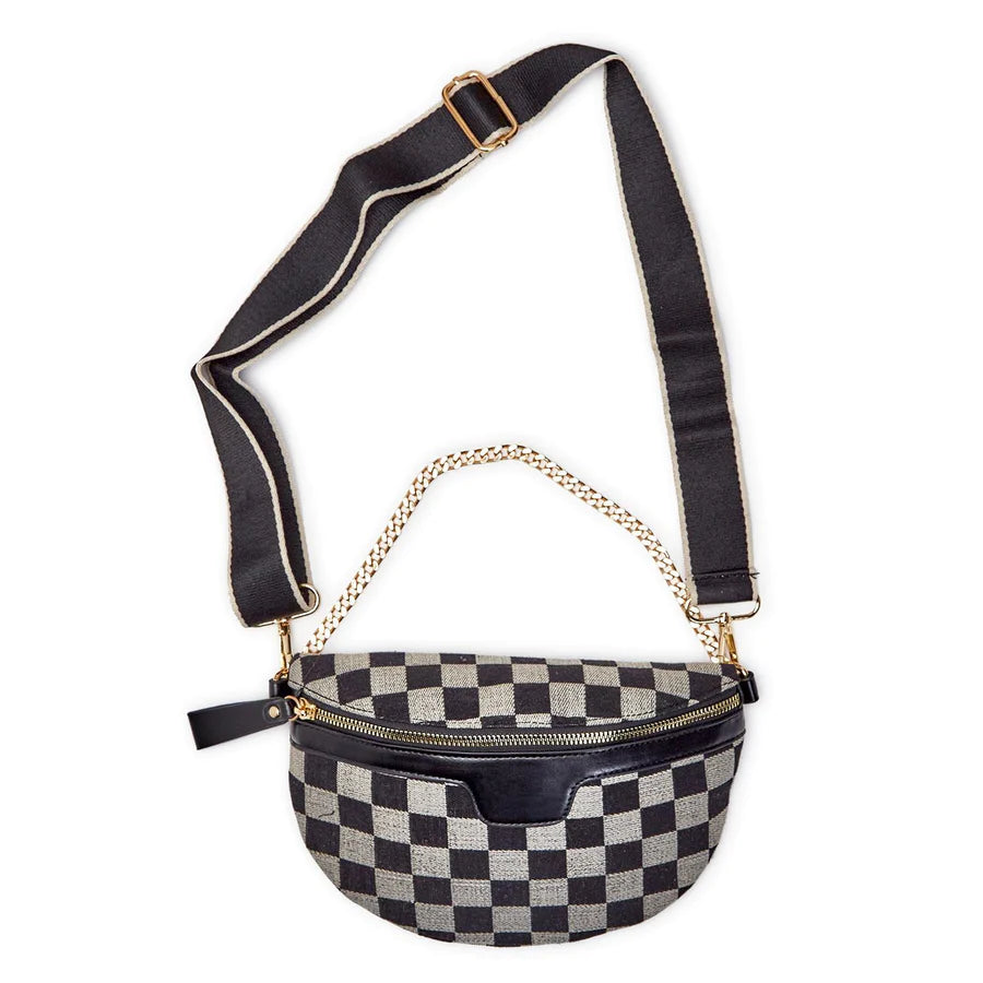 Reality Check Crossbody Sling Bag in Checkered Print Fabric with Adjustable and Removeable Straps -