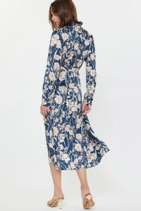 Blue Floral Satin Midi Dress