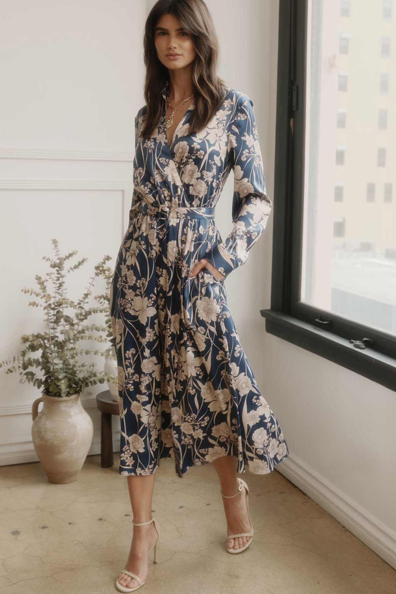 Blue Floral Satin Midi Dress