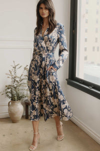 Blue Floral Satin Midi Dress