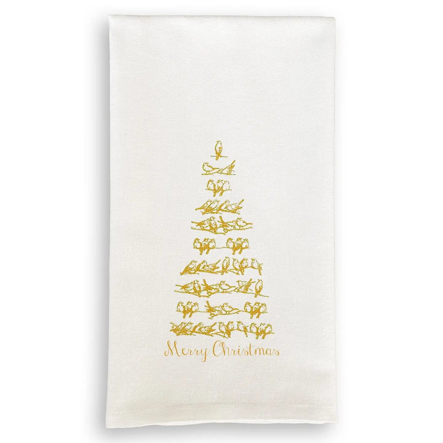 Gold Bird Tree with Merry Christmas - Tea Towel