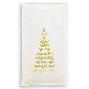 Gold Bird Tree with Merry Christmas - Tea Towel