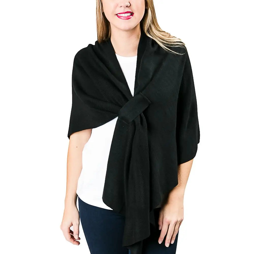 Katie Knit Solid Keyhole Wrap-Black
