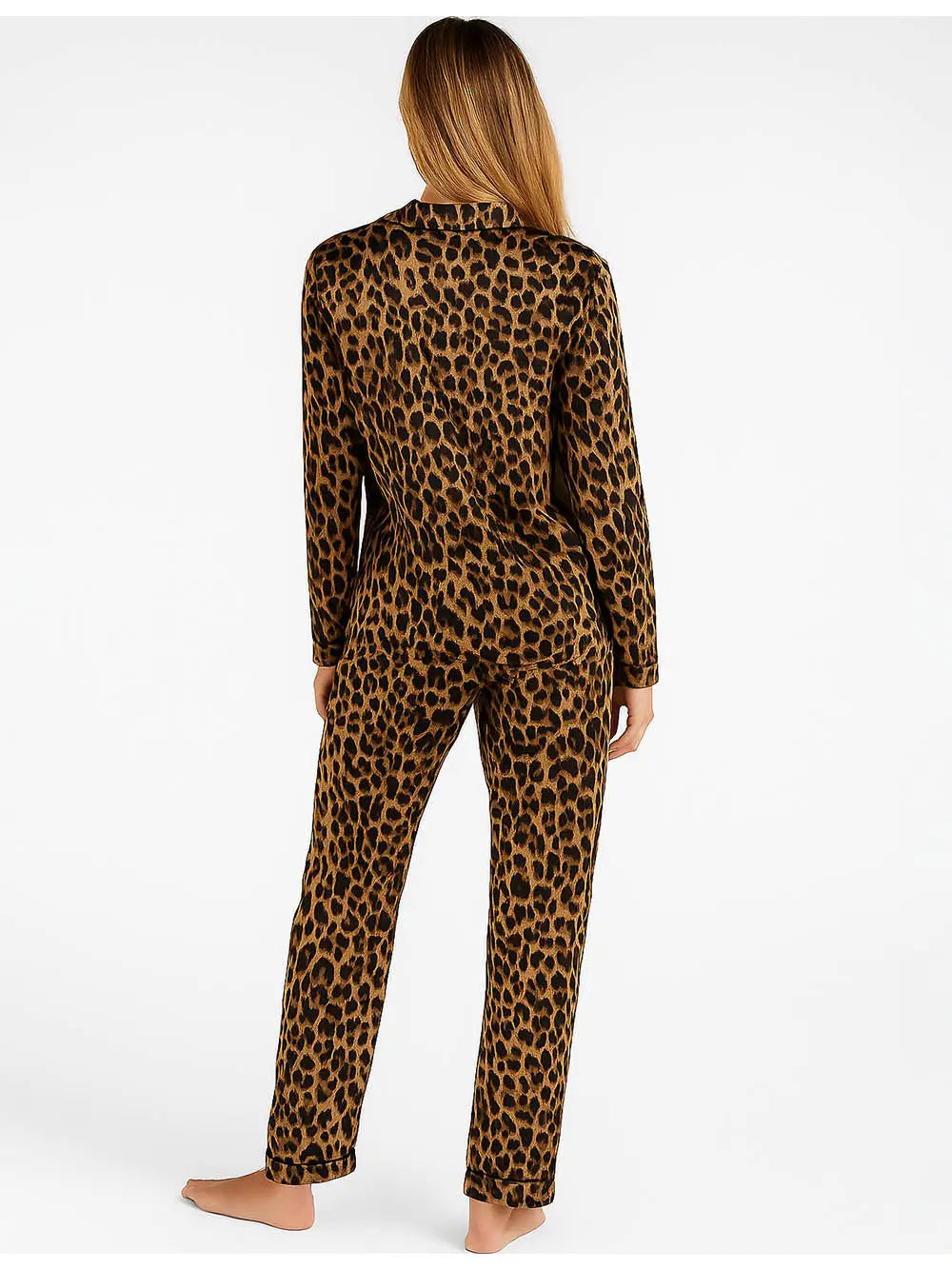 Ladies Satin Leopard Print Lapel Collar Shirt & Pants Lounge Set