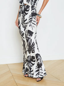 Long White Skirt with Black Leaf Print