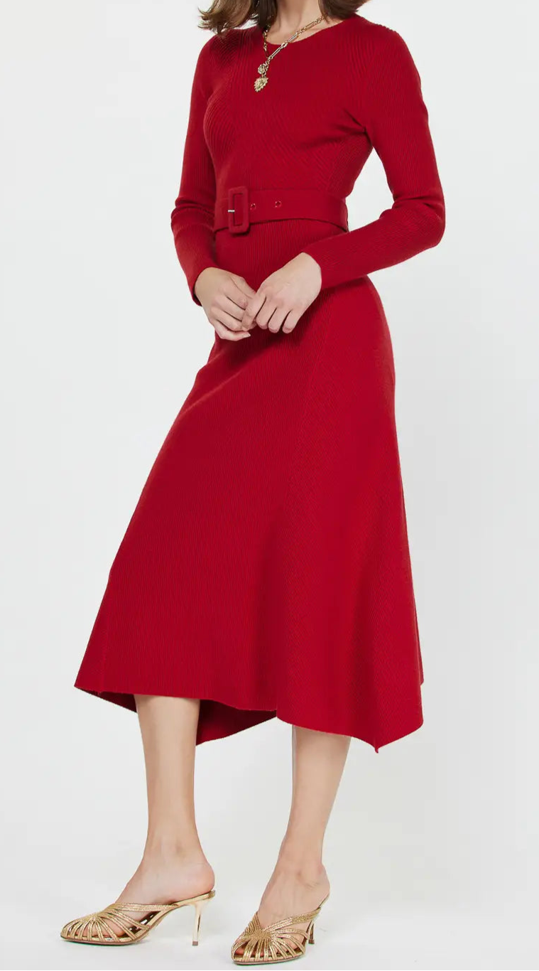 Belted Rib Sweater Midi Dress