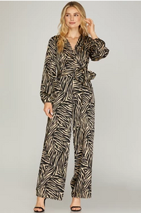 Long Sleeve Zebra Print Wrap Front Jumpsuit