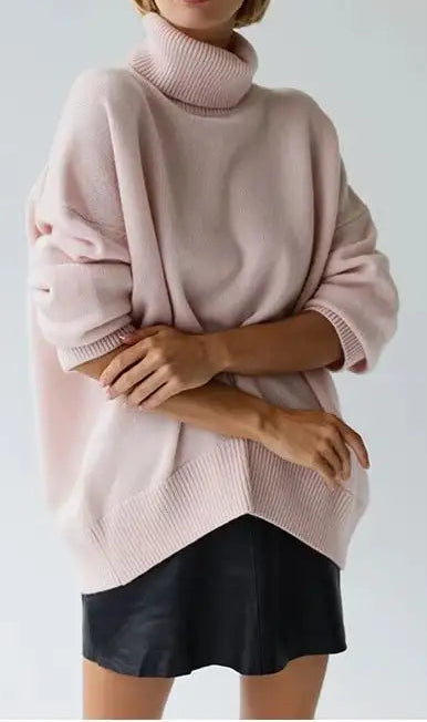 Ladies Solid Misty Pink Turtleneck Knit Sweater