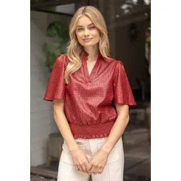 Burgundy Smocked Hem and Solid Textured Top