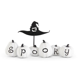 8 INCH WHITE SPOOKY PUMPKINS W/METAL WITCH HAT