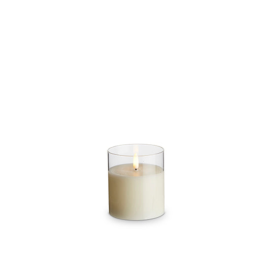 3.5" X 4" CLEAR GLASS IVORY PILLAR FLAMELESS CANDLE