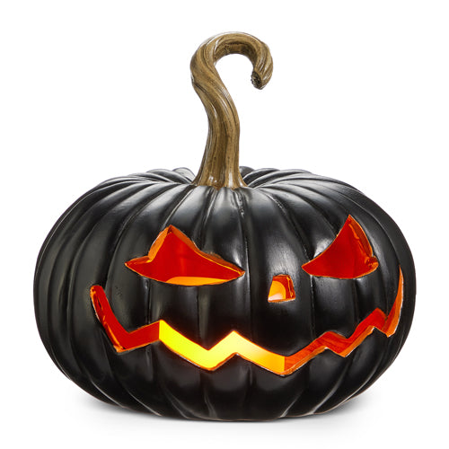 8" LIGHTED BLACK JACK O LANTERN SQUATTY