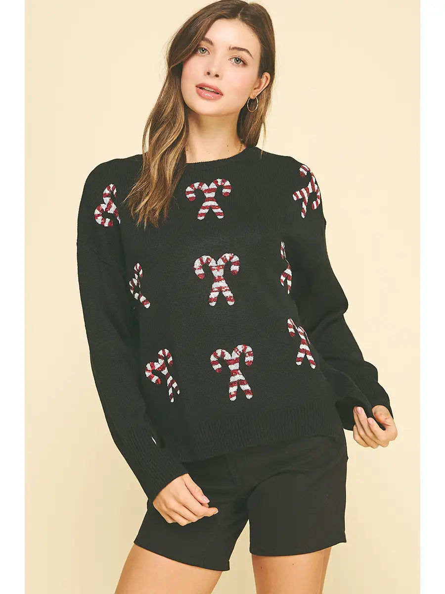 Candy Cane Embroidered Knit Sweater