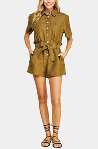 Buttondown Collared Romper- Toffee