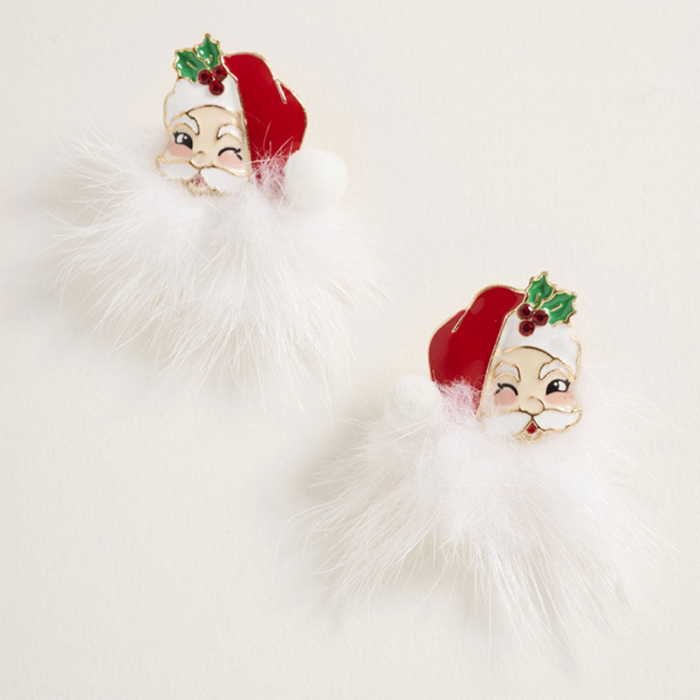 Fluffy Pom Pom Santa Face Earrings-Red