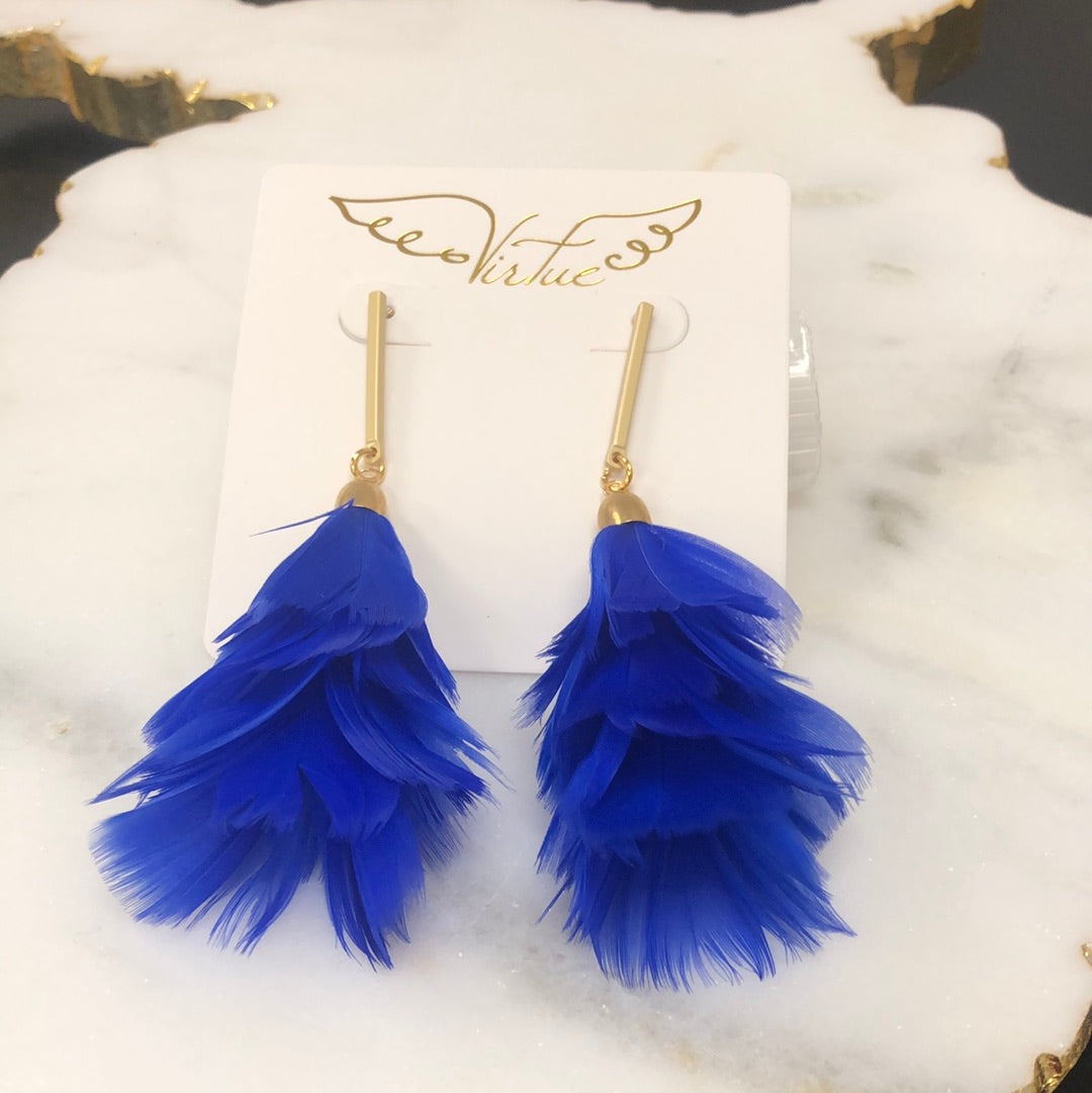 Bar Post Pheasant Fan Earrings-Royal Blue