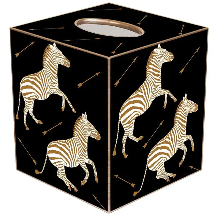 Gold Zebra Trot On Black Tissue Box Cover