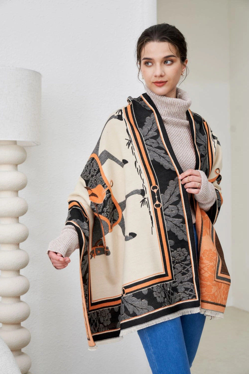 Baroque Horses Acrylic Cashmere Scarf - Black