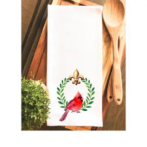 Laurel Wreath Red Cardinal Fleur De Lis Tea Towel