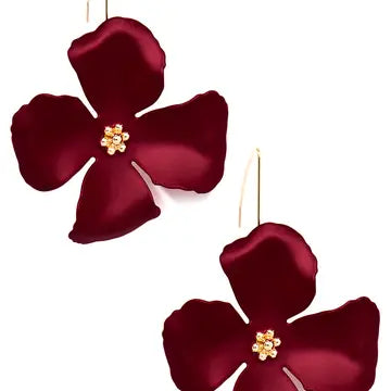 Metallic Red Hand Painted Flower Threader Drop Earring