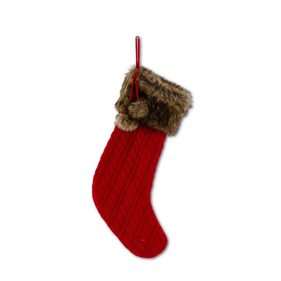 19 inch Red Cable Knit Stocking w/ Brown Fur Trim