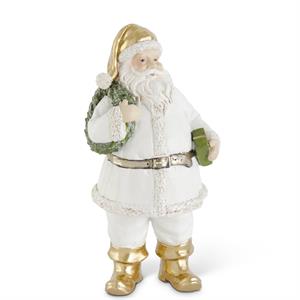 9 Inch White & Gold Resin Santa w/Wreath & Package