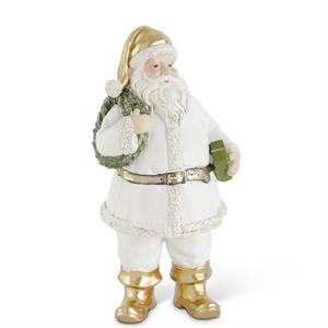 White & Gold Resin Santa w/Wreath