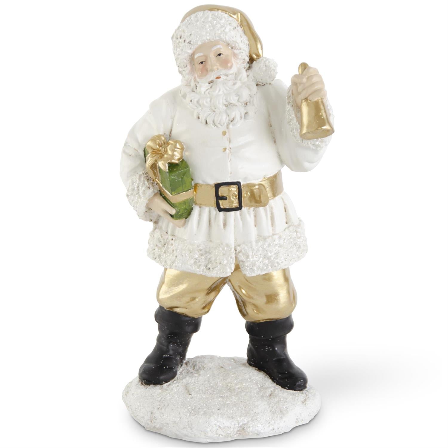 12.25 Inch White & Gold Resin Santa w/Package & Bell