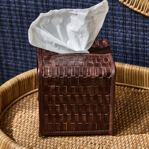 Chestnut Woven Leather Tissue Box Cover
