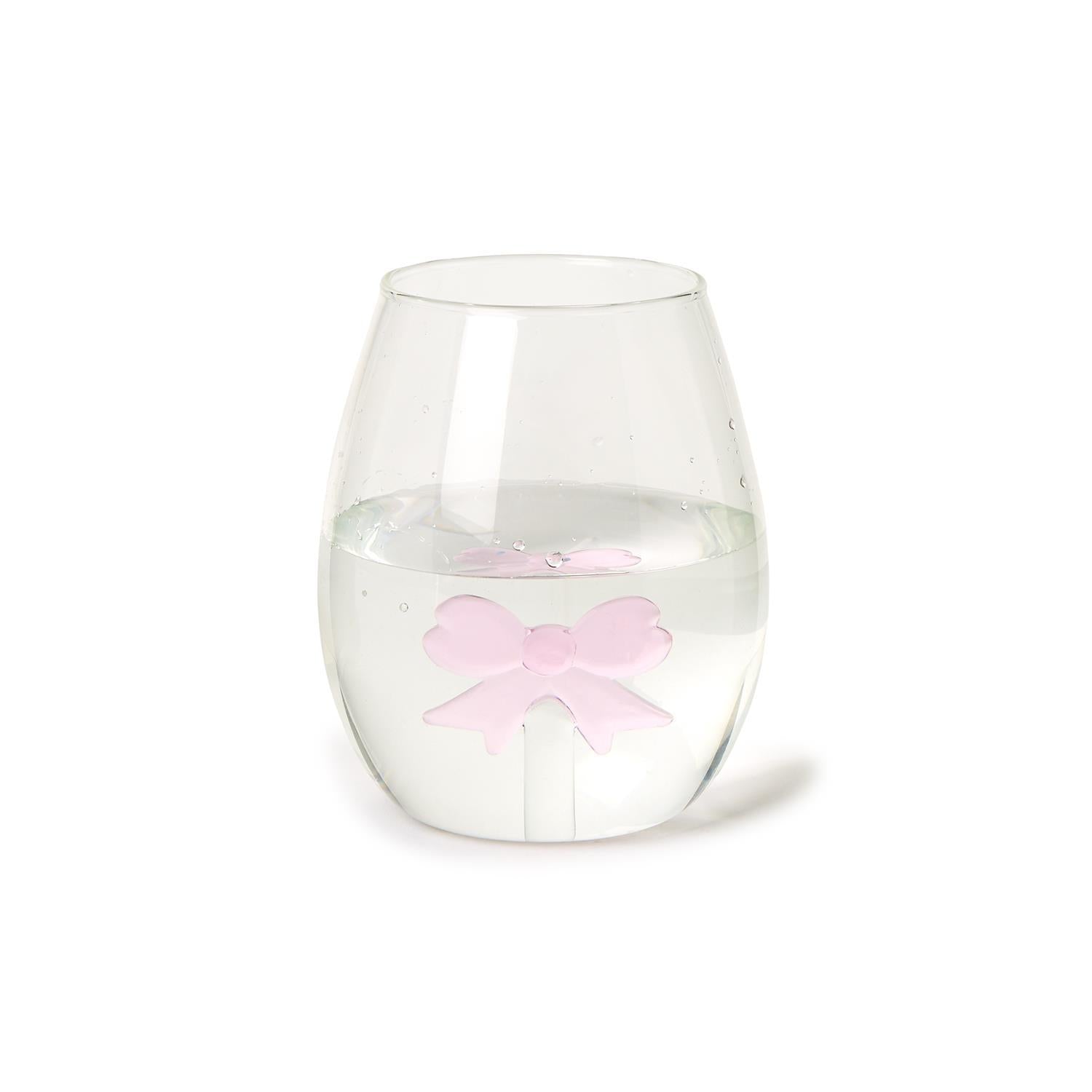 Pink Bow Stemless Wine Glass