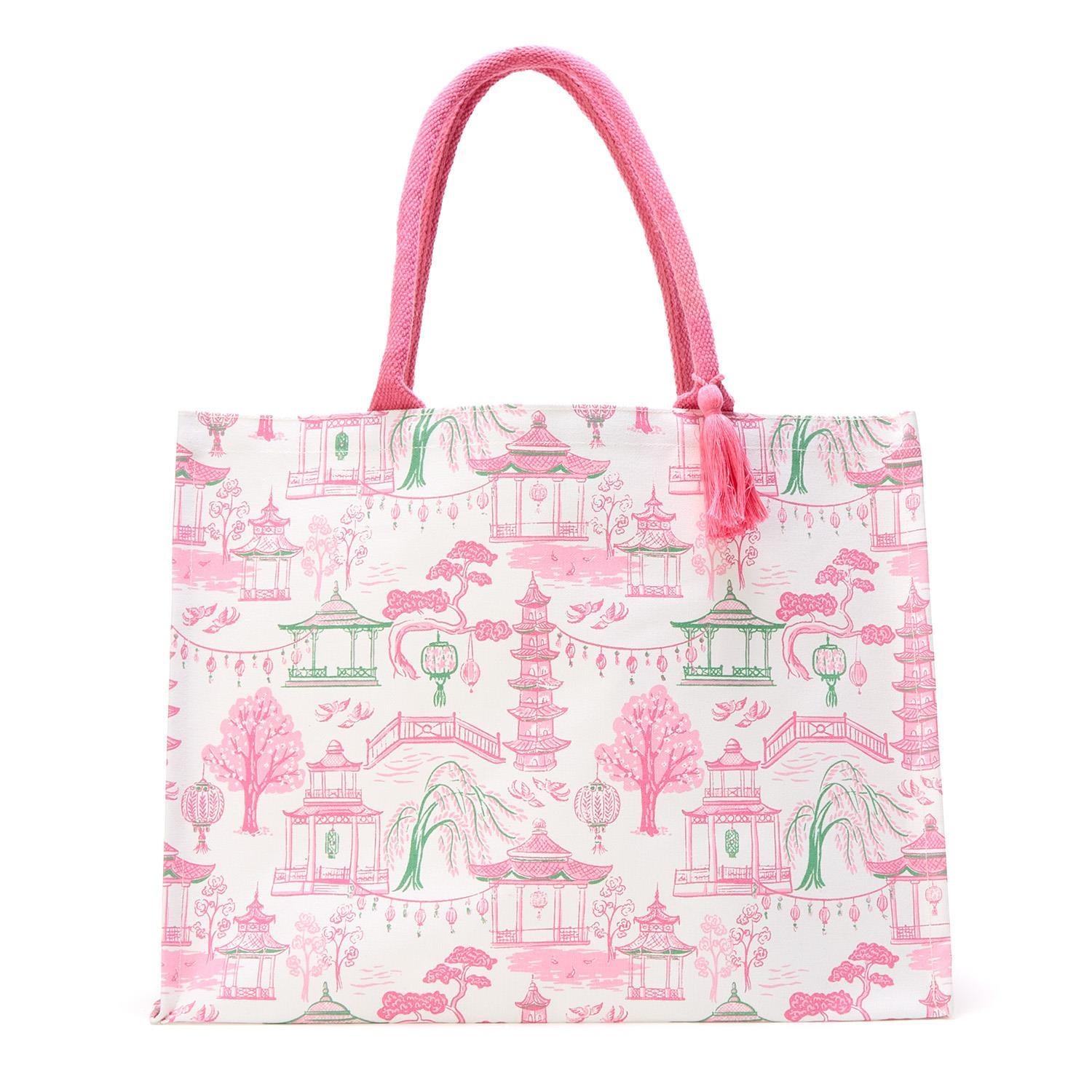 Mahjong Block Print Pattern Tote Bag with Inside Zippered Pocket